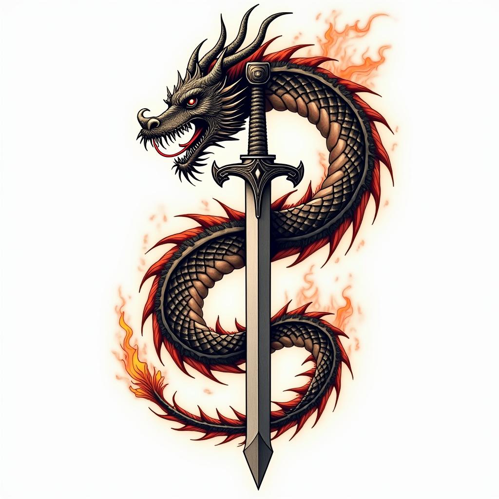 Majestic dragon coiled around a swordin flame tattoo style showcasing fiery elements with dynamic flame patterns, glowing effect of flames, natural colors - Variation 3