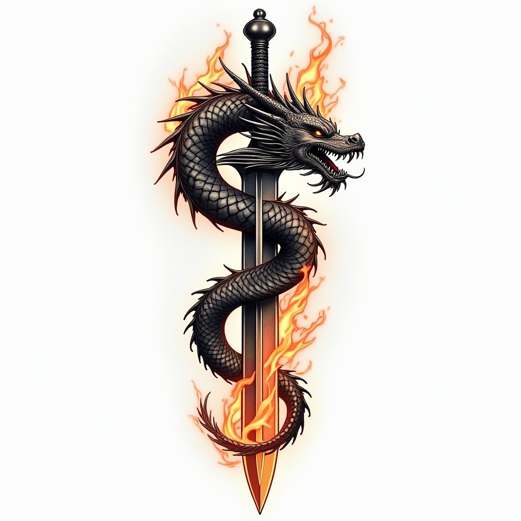 Majestic dragon coiled around a swordin flame tattoo style showcasing fiery elements with dynamic flame patterns, glowing effect of flames, natural colors