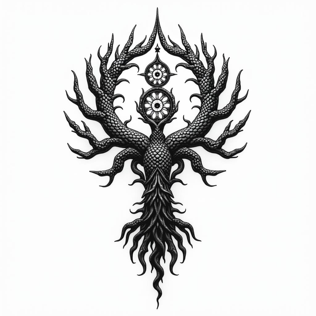 World serpent in Viking style and world treein spiritual symbols tattoo style, featuring an intricate design incorporating elements, Hamsa hand, third eye, minimalist composition - Variation 4