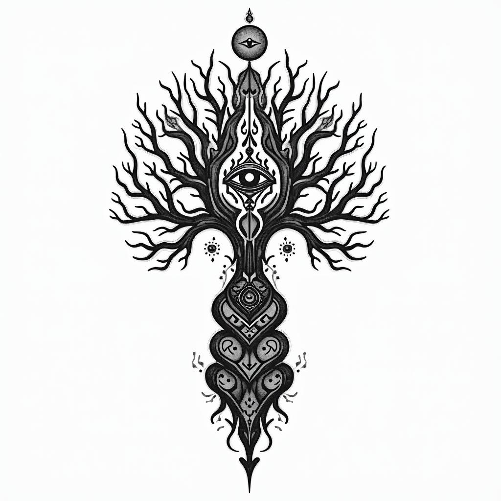 World serpent in Viking style and world treein spiritual symbols tattoo style, featuring an intricate design incorporating elements, Hamsa hand, third eye, minimalist composition - Variation 3