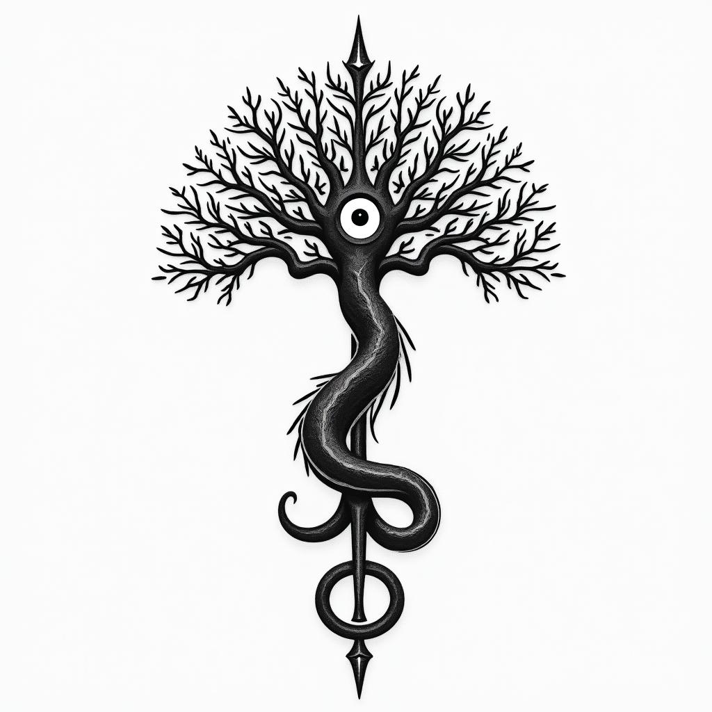 World serpent in Viking style and world treein spiritual symbols tattoo style, featuring an intricate design incorporating elements, Hamsa hand, third eye, minimalist composition