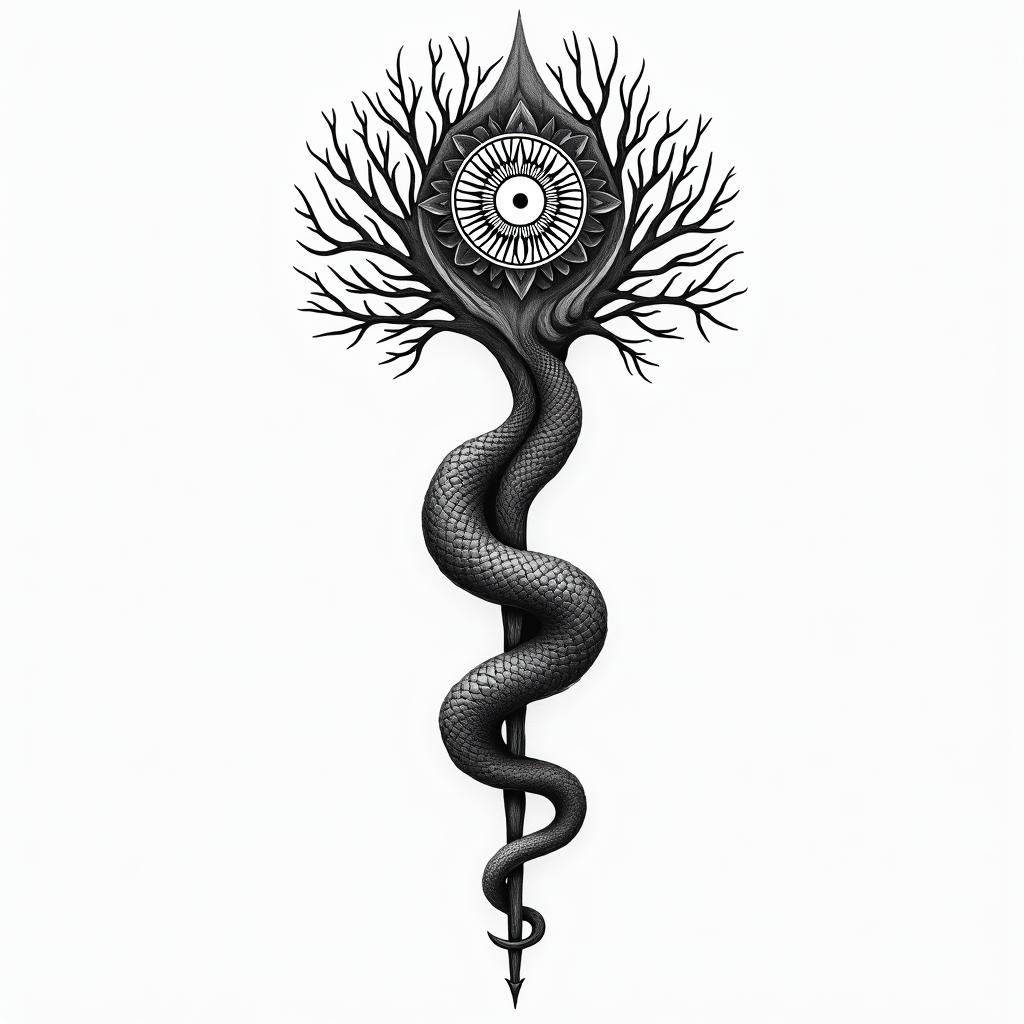 World serpent in Viking style and world treein spiritual symbols tattoo style, featuring an intricate design incorporating elements, Hamsa hand, third eye, minimalist composition - Variation 2