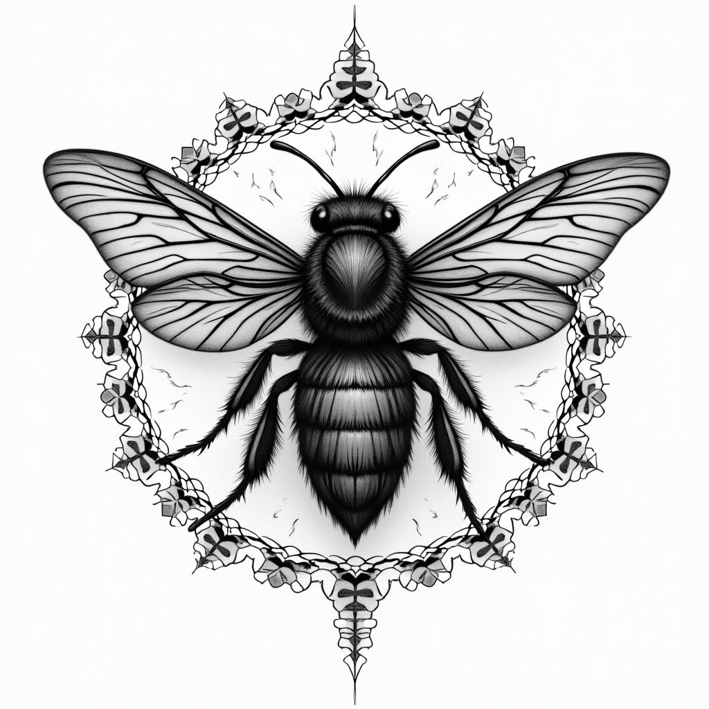 Melissa. Libra. Honeybee in geometric style tattoo, blending hexagons, mandala-inspired patterns, symmetrical and fractal design, clean lines, sharp angles - Variation 4