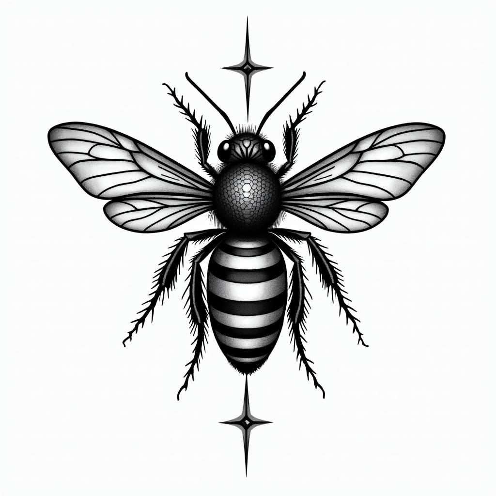 Melissa. Libra. Honeybee in geometric style tattoo, blending hexagons, mandala-inspired patterns, symmetrical and fractal design, clean lines, sharp angles - Variation 2