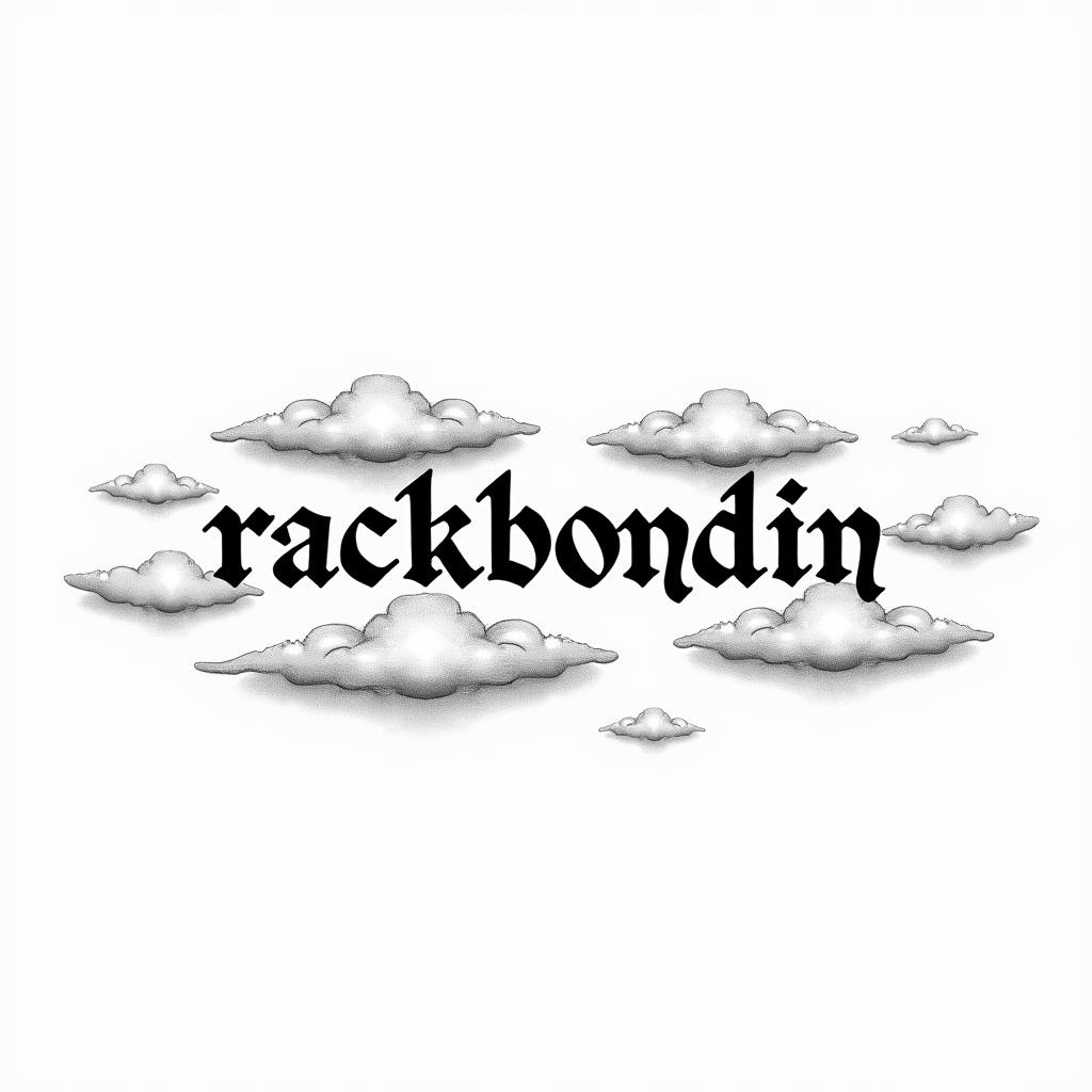 word “rackbondin” with cloudsminimalist text-based tattoo, Monospace font ultra-realistic, perfectly placed, high-quality font design, photo-realistic shading, 8k, high quality, finely detailed typograph