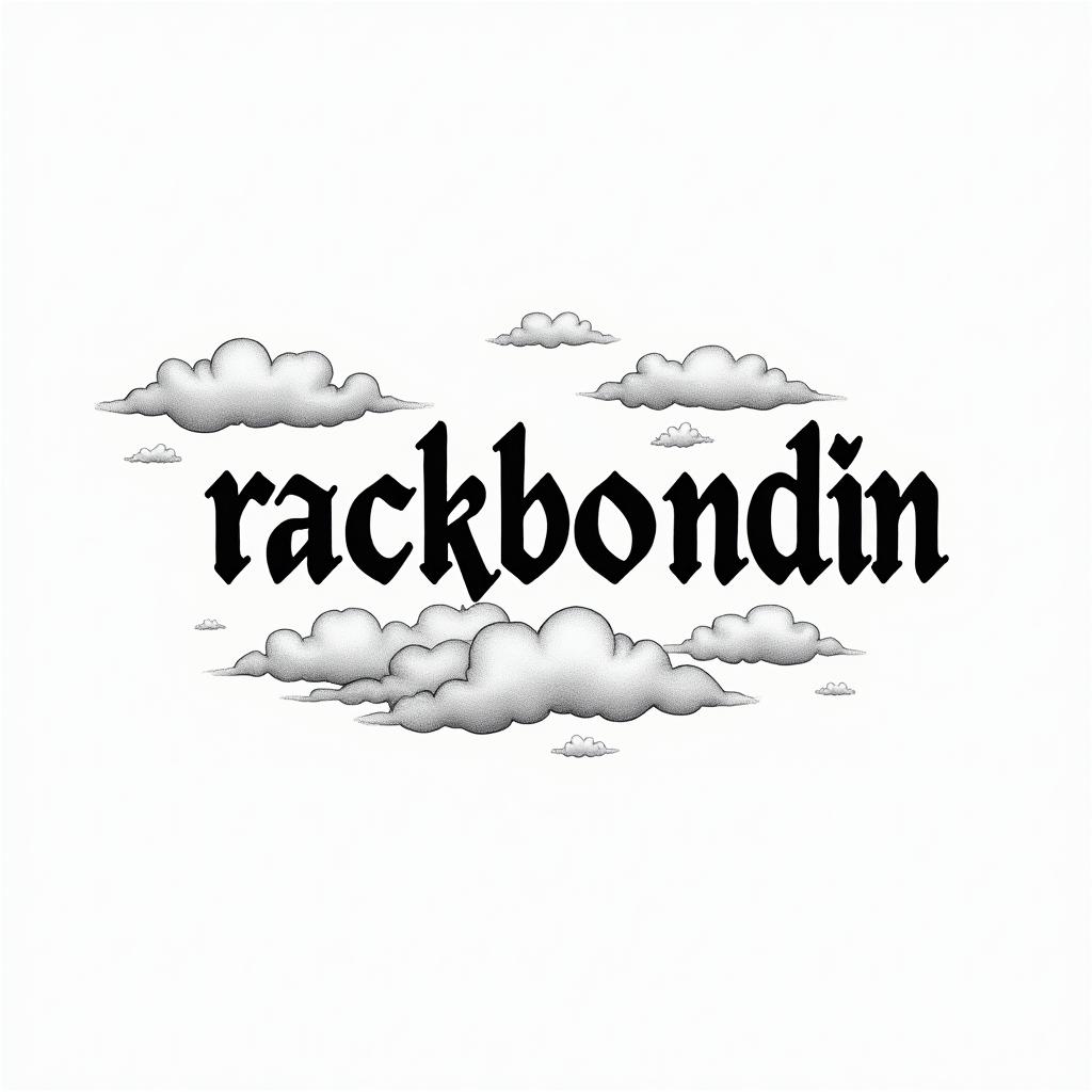 word “rackbondin” with cloudsminimalist text-based tattoo, Monospace font ultra-realistic, perfectly placed, high-quality font design, photo-realistic shading, 8k, high quality, finely detailed typograph - Variation 3