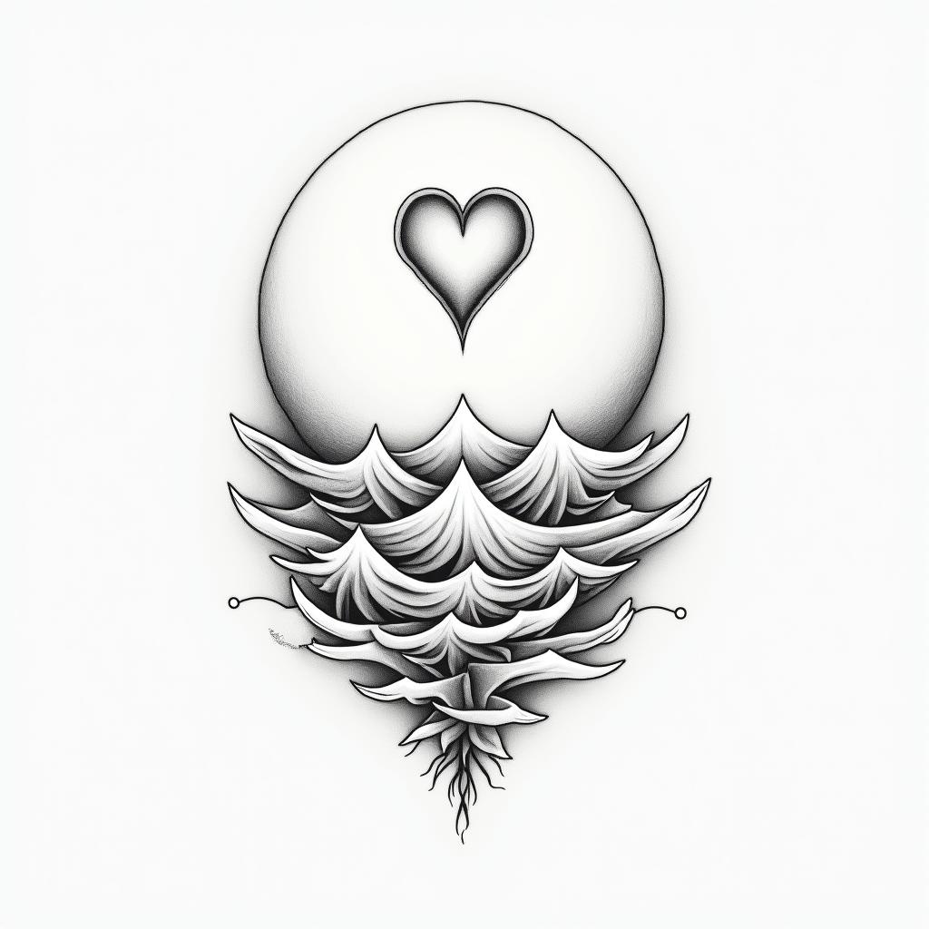 Melissa.in Modest style tattoo, featuring soft, delicate line work with simple and meaningful symbols, gentle waves, a heart, evoking a sense of serenity and grace,