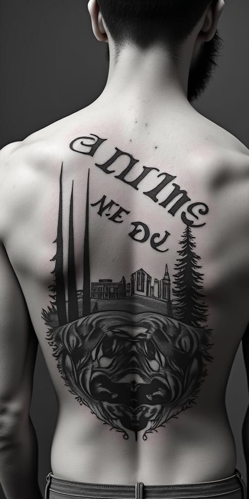 The
New mexico state outline with a zia symbol coming from the middle with a lobo sitting in front of the albuquerque skylinetext-based tattoo, gothic font ultra-realistic, perfectly placed, high-quality font design, photo-realistic shading, 8k, high quality, finely detailed typography - Variation 2