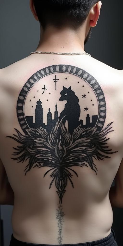 The
New mexico state outline with a zia symbol coming from the middle with a lobo sitting in front of the albuquerque skylinetext-based tattoo, gothic font ultra-realistic, perfectly placed, high-quality font design, photo-realistic shading, 8k, high quality, finely detailed typography