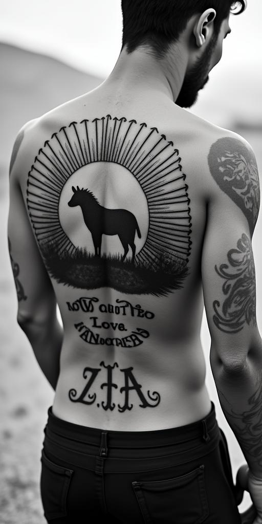 The
New mexico state outline with a zia symbol coming from the middle with a lobo sitting in front of the albuquerque skylinetext-based tattoo, gothic font ultra-realistic, perfectly placed, high-quality font design, photo-realistic shading, 8k, high quality, finely detailed typography - Variation 4