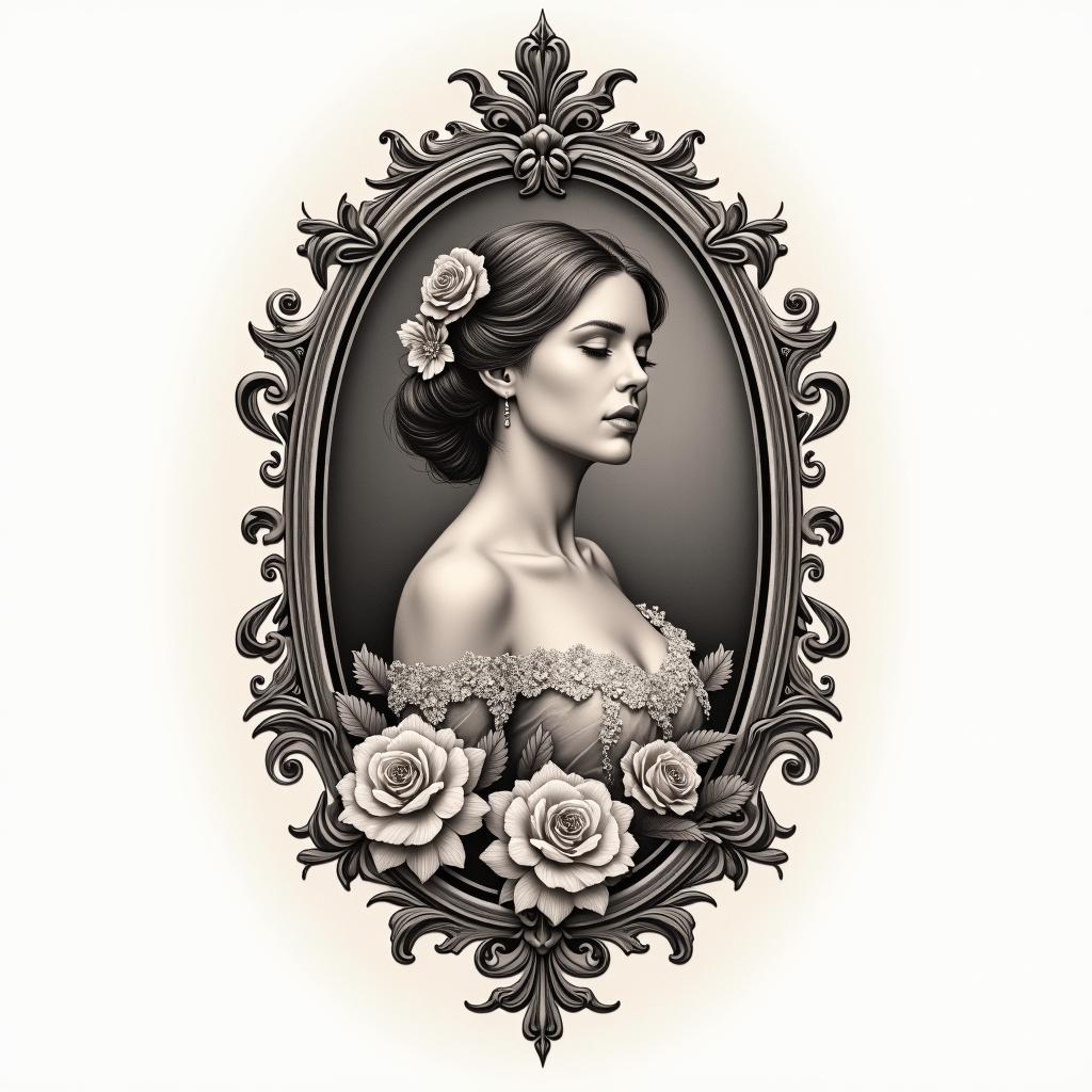 Infinity Claire Davein victorian style tattoo, featuring vintage and elegant elements, ornate frames, roses, antique, sepia-toned color scheme