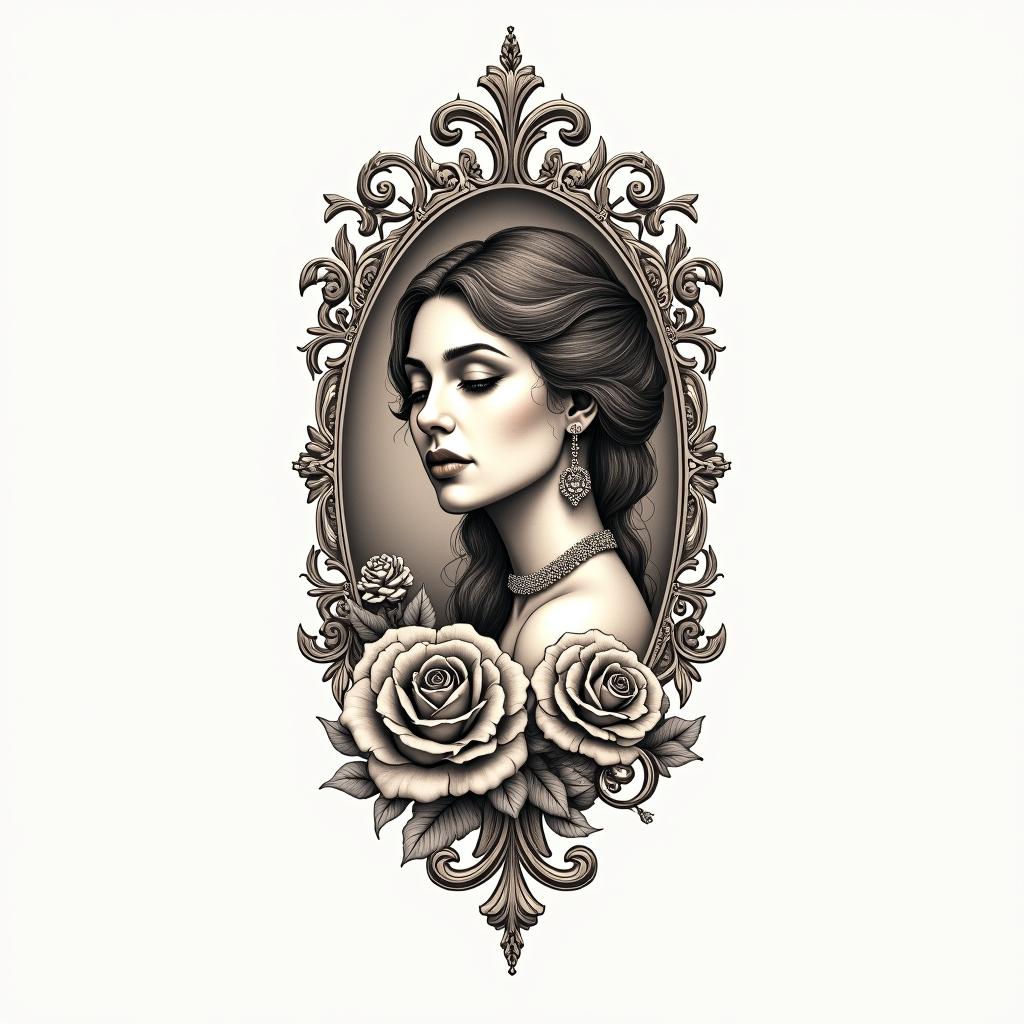 Infinity Claire Davein victorian style tattoo, featuring vintage and elegant elements, ornate frames, roses, antique, sepia-toned color scheme - Variation 3