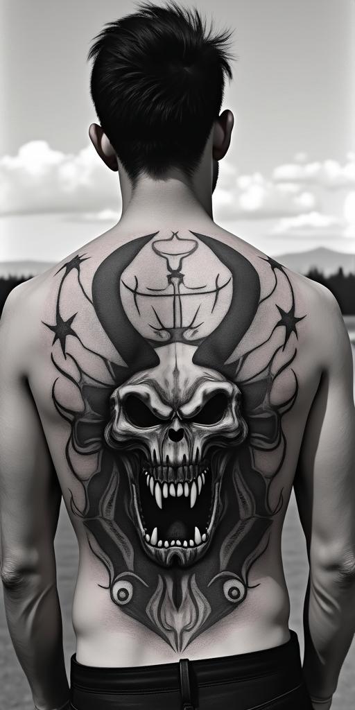 The
New mexico state outline with a zia symbol coming from the middle with a lobo sitting in front of the albuquerque skylinecreepy horror tattoo style, featuring an eerie and unsettling skull of a demonic creature, distorted face with sharp fangs, add pentagram symbol - Variation 4