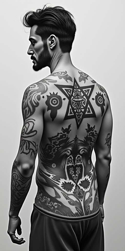 The
New mexico state outline with a zia symbol coming from the middle with a lobo sitting in front of the albuquerque skylinecreepy horror tattoo style, featuring an eerie and unsettling skull of a demonic creature, distorted face with sharp fangs, add pentagram symbol - Variation 2