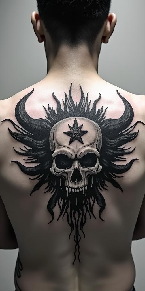 The
New mexico state outline with a zia symbol coming from the middle with a lobo sitting in front of the albuquerque skylinecreepy horror tattoo style, featuring an eerie and unsettling skull of a demonic creature, distorted face with sharp fangs, add pentagram symbol