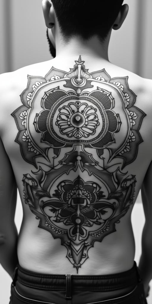 The 
New mexico state outline with a zia symbol coming from the middle with a lobo sitting in front of the albuquerque skylinein dotwork style tattoo, complex mandala patterns, interlocking geometric shapes with sharp symmetry, clean lines, sharp angles - Variation 4