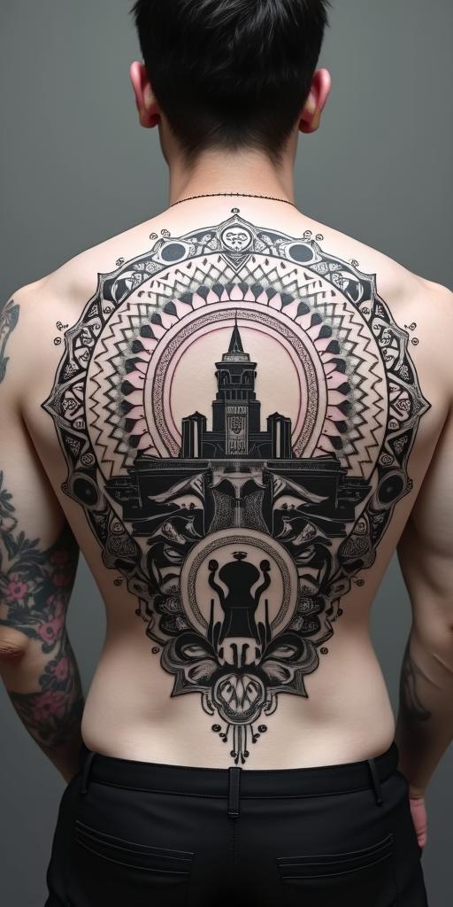 The 
New mexico state outline with a zia symbol coming from the middle with a lobo sitting in front of the albuquerque skylinein dotwork style tattoo, complex mandala patterns, interlocking geometric shapes with sharp symmetry, clean lines, sharp angles - Variation 3