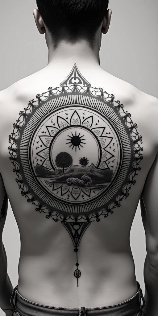 The
New mexico state outline with a zia symbol coming from the middle with a lobo sitting in front of the albuquerque skylinein dotwork style tattoo, complex mandala patterns, interlocking geometric shapes with sharp symmetry, clean lines, sharp angles