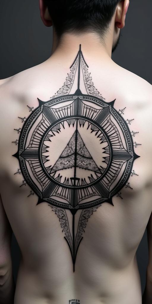 The 
New mexico state outline with a zia symbol coming from the middle with a lobo sitting in front of the albuquerque skylinein dotwork style tattoo, complex mandala patterns, interlocking geometric shapes with sharp symmetry, clean lines, sharp angles - Variation 2