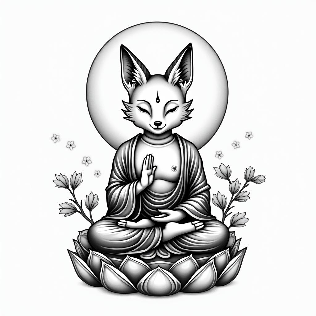 Can you make me a fox that protects Buddha during his meditation?in japanese style tattoo, detailed tattoo, traditional japanese culture tattoo, mythology, 8k - Variation 2