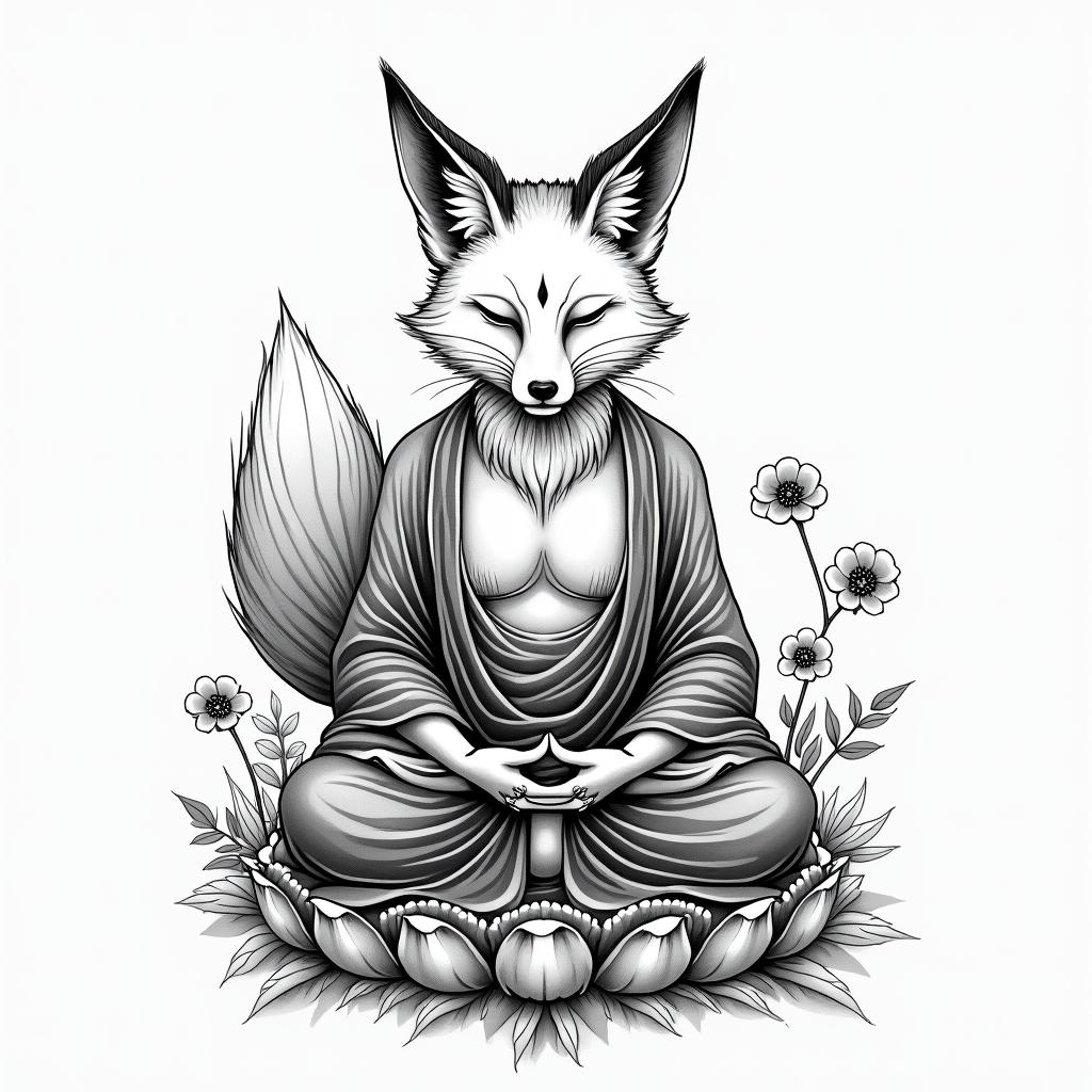 Can you make me a fox that protects Buddha during his meditation?in japanese style tattoo, detailed tattoo, traditional japanese culture tattoo, mythology, 8k - Variation 3