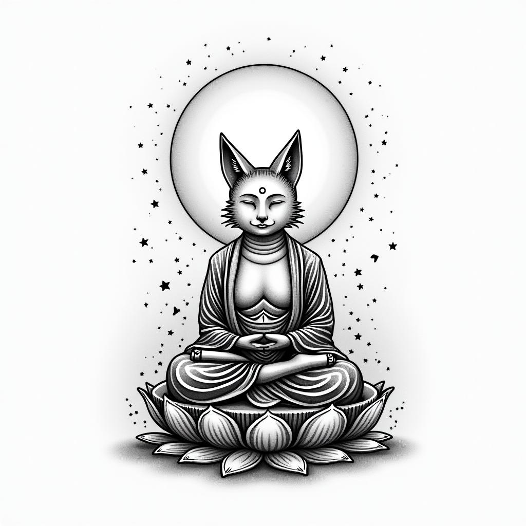 Can you make me a fox that protects Buddha during his meditation?in japanese style tattoo, detailed tattoo, traditional japanese culture tattoo, mythology, 8k