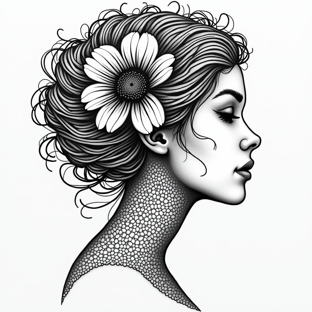 A girl lost in the world trying to find herself and holding on tight loosing herself to heroin use poppy flowers as she's falling in love with the man she wants to spend the rest of her life within dotwork style tattoo, complex mandala patterns, interlocking geometric shapes with sharp symmetry, clean lines, sharp angles - Variation 2