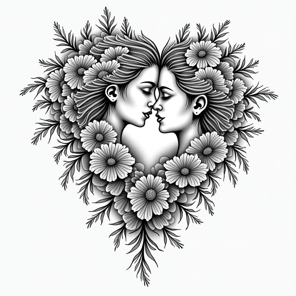 A girl lost in the world trying to find herself and holding on tight loosing herself to heroin use poppy flowers as she's falling in love with the man she wants to spend the rest of her life within dotwork style tattoo, complex mandala patterns, interlocking geometric shapes with sharp symmetry, clean lines, sharp angles