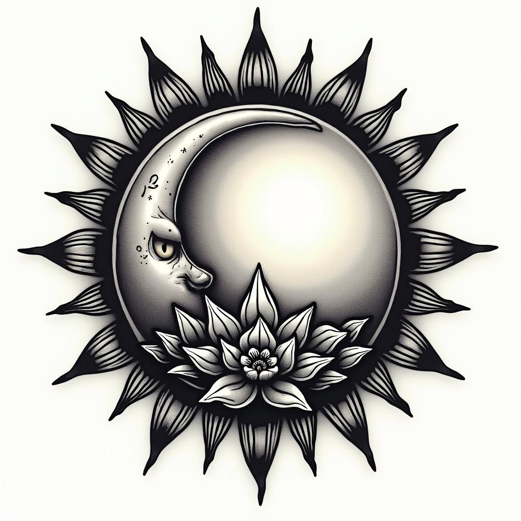Sun and moon intertwined, glowingin authentic tattoo style, incorporating traditional modifications, bold black outlines, solid color fills, featuring classic authentic elements - Variation 8