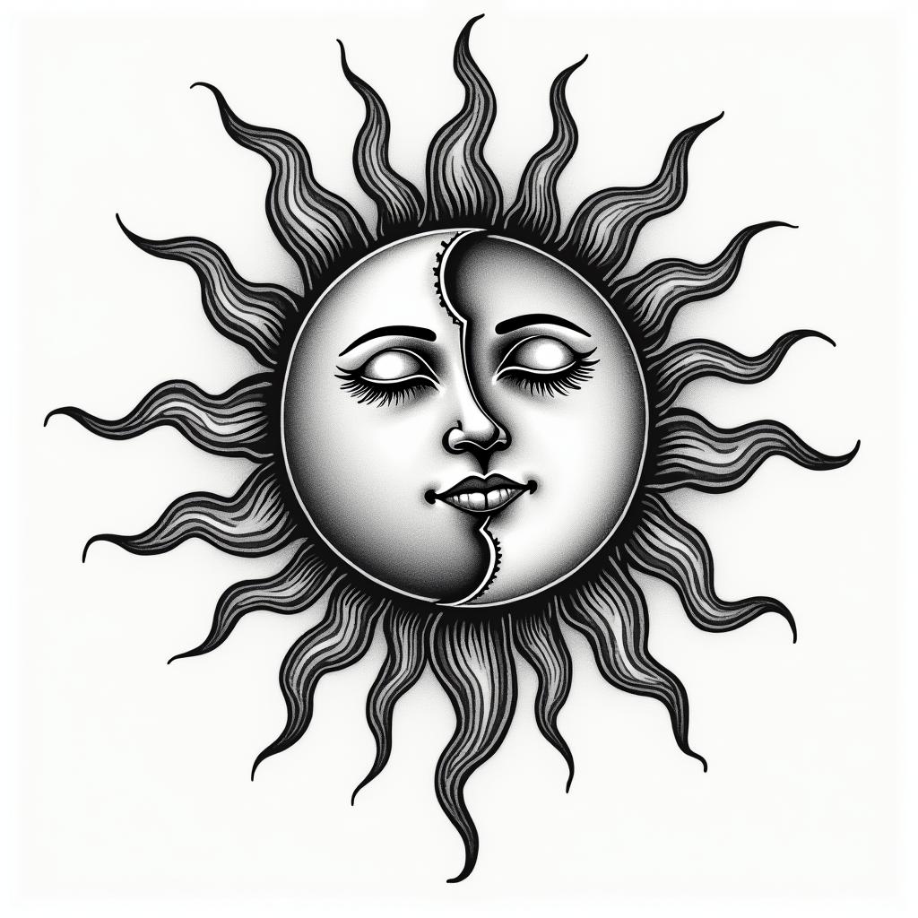 Sun and moon intertwined, glowingin authentic tattoo style, incorporating traditional modifications, bold black outlines, solid color fills, featuring classic authentic elements - Variation 5