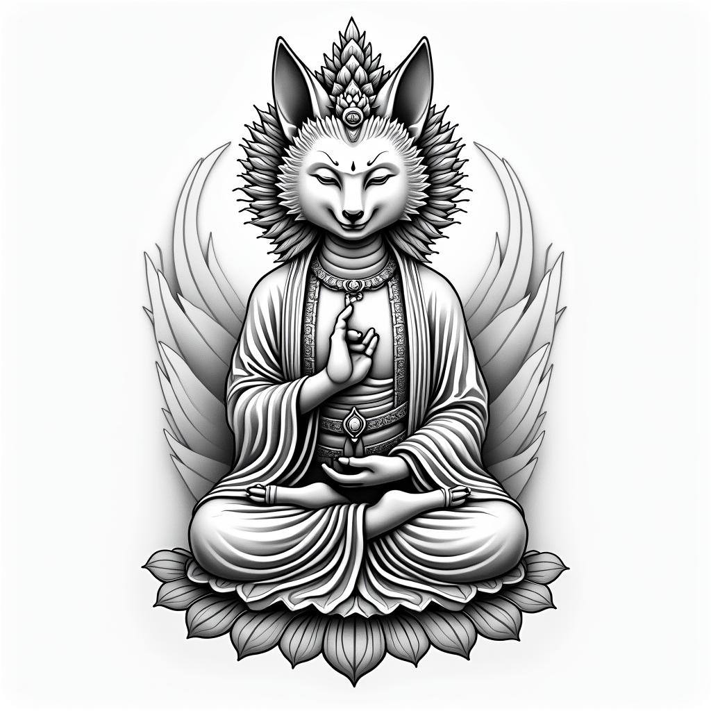A fox protecting Buddhain japanese style tattoo, detailed tattoo, traditional japanese culture tattoo, mythology, 8k - Variation 3