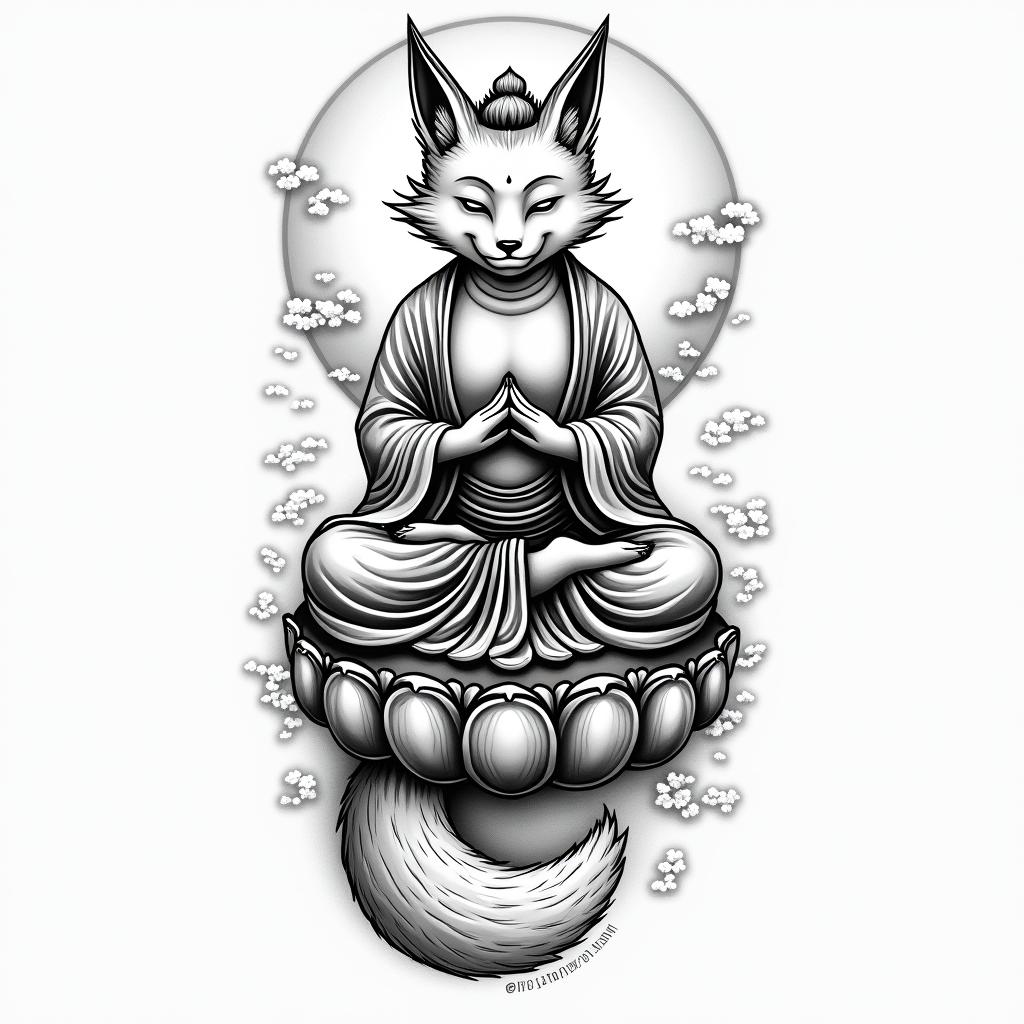 A fox protecting Buddhain japanese style tattoo, detailed tattoo, traditional japanese culture tattoo, mythology, 8k - Variation 2