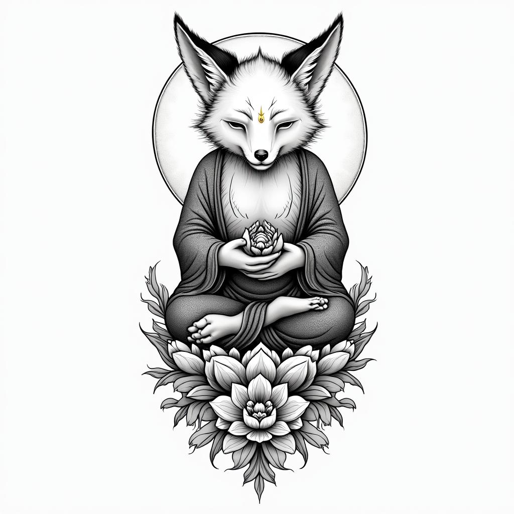 A fox protecting Buddhain japanese style tattoo, detailed tattoo, traditional japanese culture tattoo, mythology, 8k