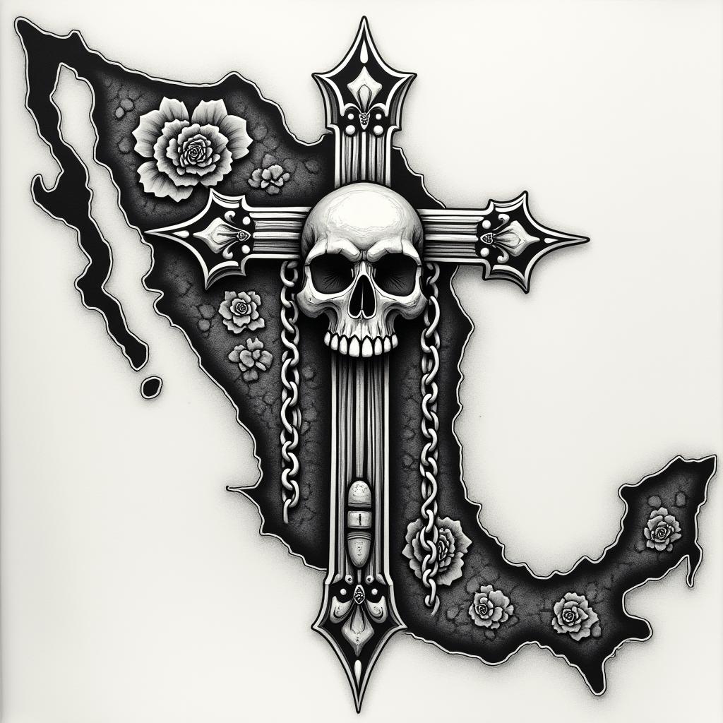 The 
New mexico state outline with a zia symbol coming from the middlein chicano style tattoo, featuring intricate black and grey shading, bold elements of traditional chicano culture symbols, add a big cross with skull, chains and roses - Variation 4