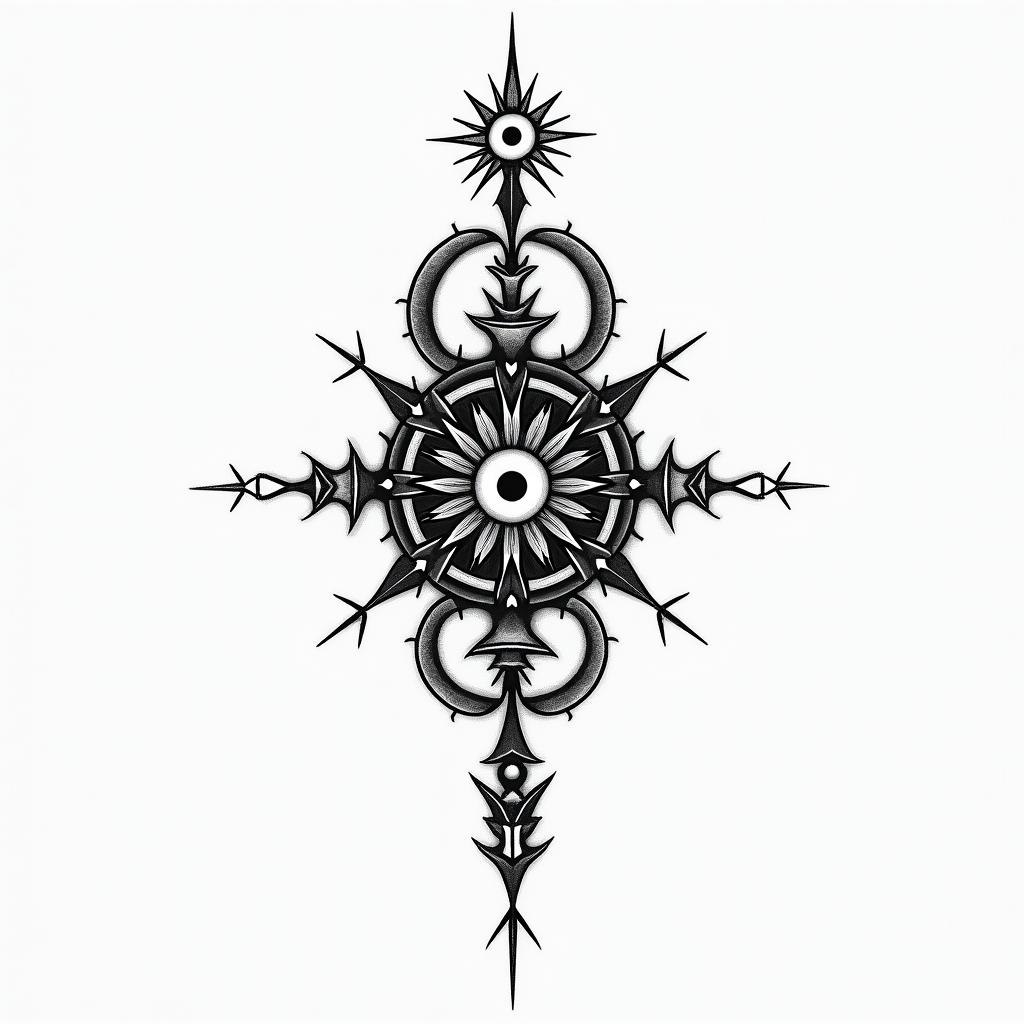 Missing my brothers whose gonein spiritual symbols tattoo style, featuring an intricate design incorporating elements, Hamsa hand, third eye, minimalist composition