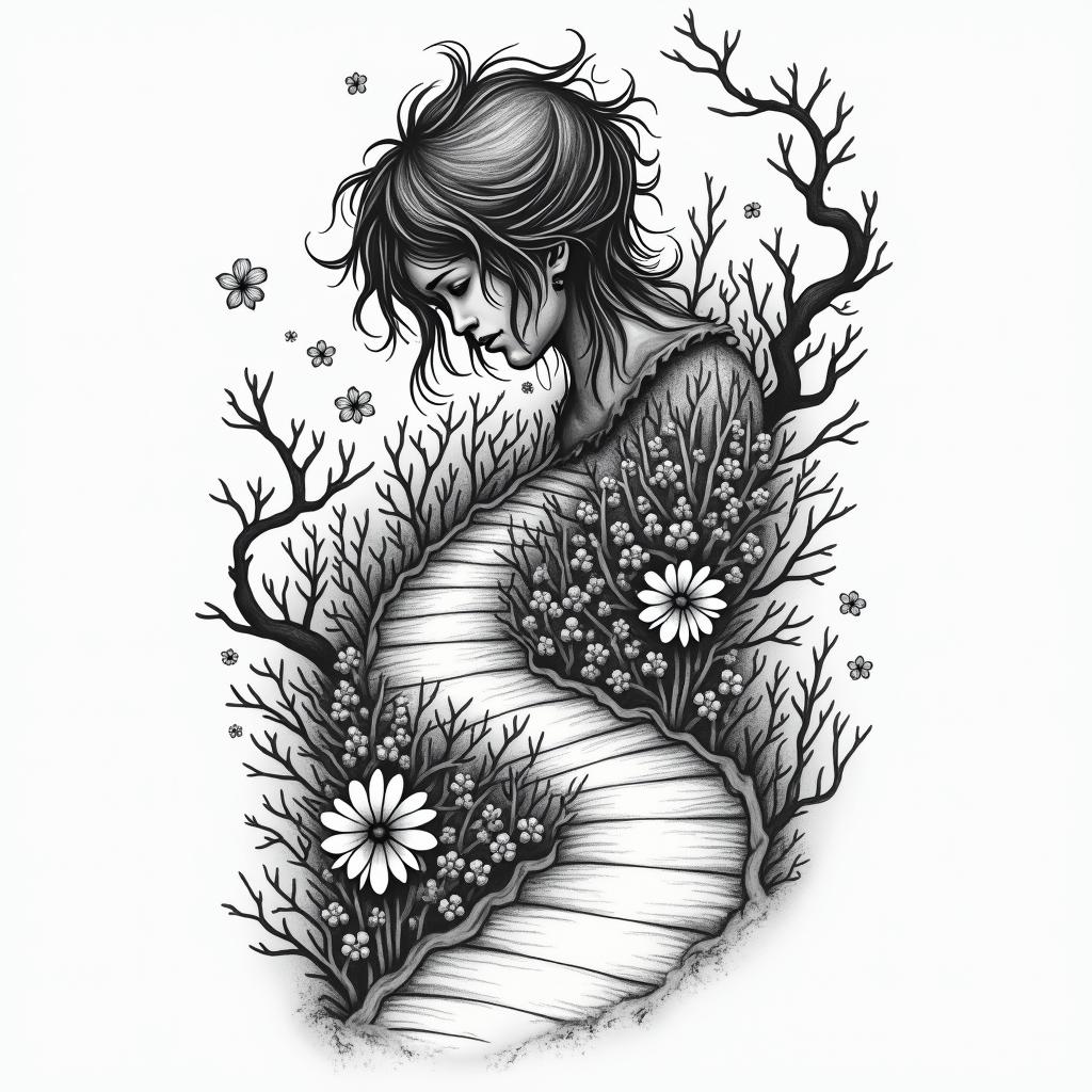 Sadness, solitude, winding pathin authentic tattoo style, incorporating traditional modifications, bold black outlines, solid color fills, featuring classic authentic elements - Variation 3
