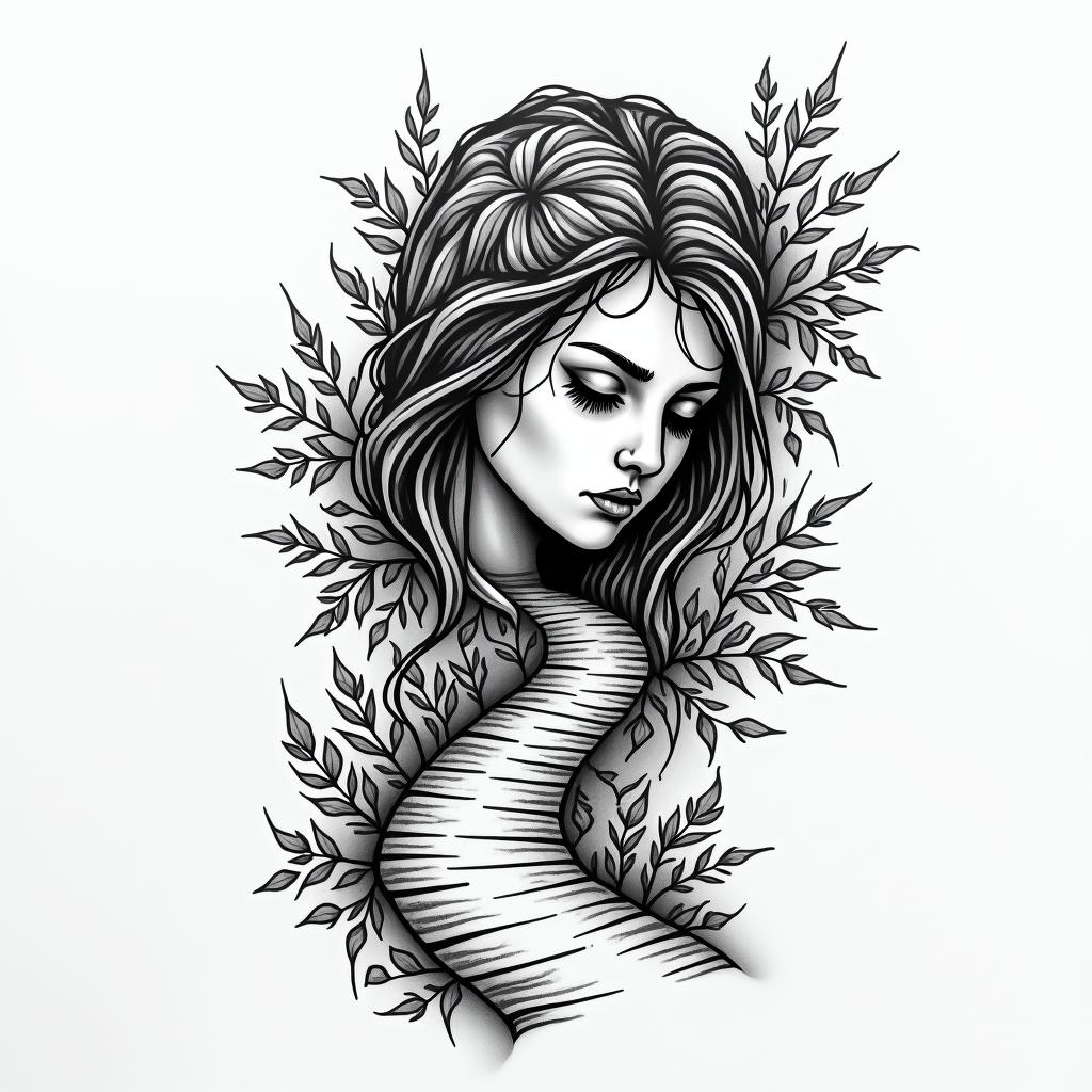 Sadness, solitude, winding pathin authentic tattoo style, incorporating traditional modifications, bold black outlines, solid color fills, featuring classic authentic elements