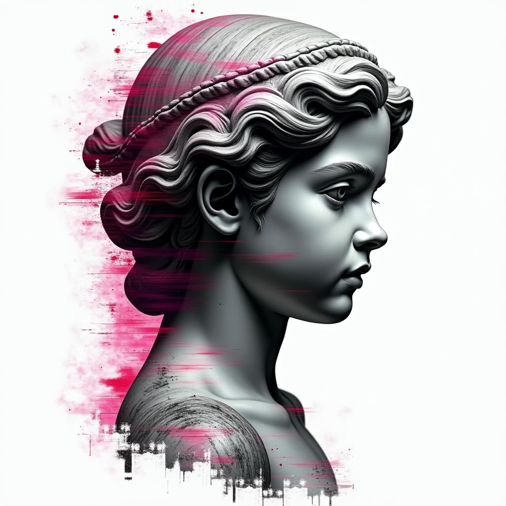 A little girl hit with witchcraft and voodooin distorted and fragmented tattoo design, featuring a classical statue bust, in a glitch art style with vibrant, overlapping colors of cyan, magenta, and yellow, creating a digital distortion effect - Variation 4