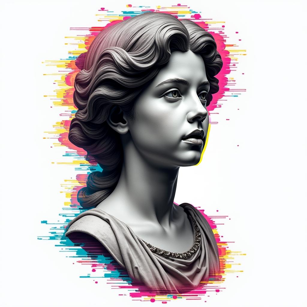 A little girl hit with witchcraft and voodooin distorted and fragmented tattoo design, featuring a classical statue bust, in a glitch art style with vibrant, overlapping colors of cyan, magenta, and yellow, creating a digital distortion effect - Variation 3
