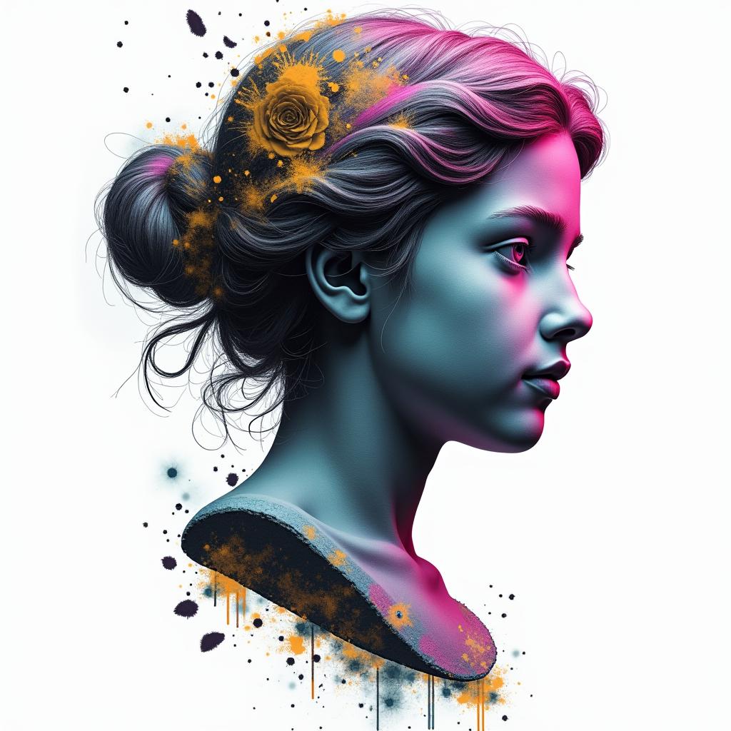 A little girl hit with witchcraft and voodooin distorted and fragmented tattoo design, featuring a classical statue bust, in a glitch art style with vibrant, overlapping colors of cyan, magenta, and yellow, creating a digital distortion effect