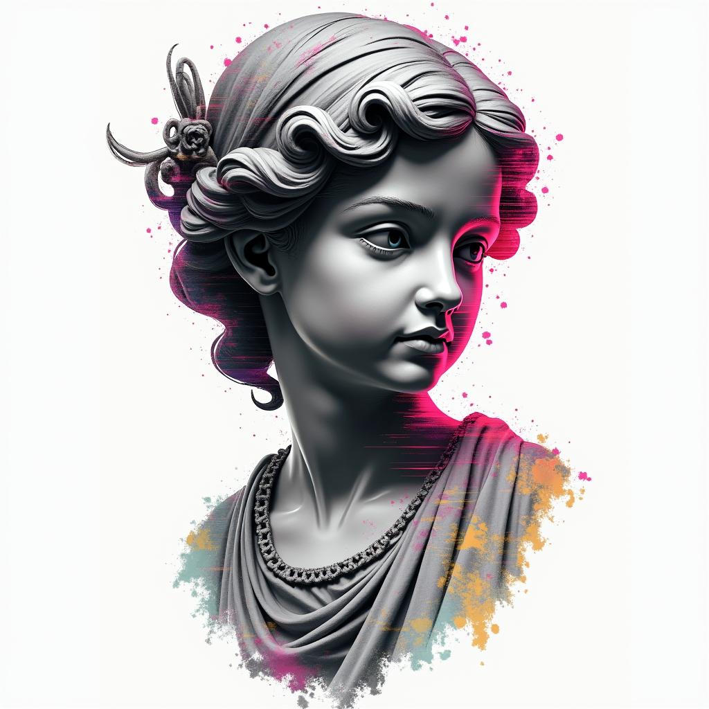 A little girl hit with witchcraft and voodooin distorted and fragmented tattoo design, featuring a classical statue bust, in a glitch art style with vibrant, overlapping colors of cyan, magenta, and yellow, creating a digital distortion effect - Variation 2
