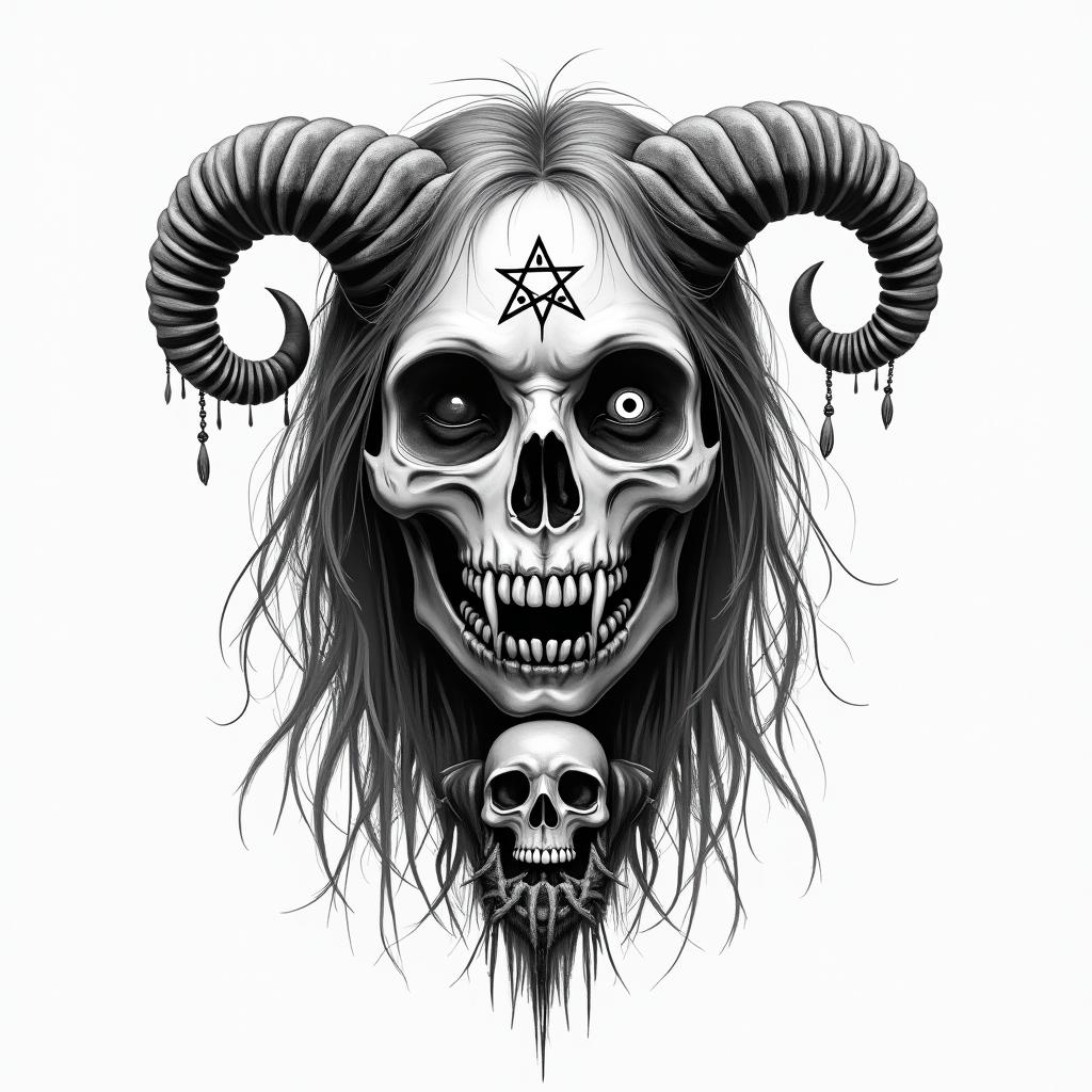 A little girl trapped with witchcraft and voodoo dollscreepy horror tattoo style, featuring an eerie and unsettling skull of a demonic creature, distorted face with sharp fangs, add pentagram symbol - Variation 3