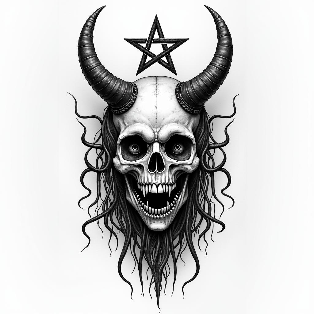 A little girl trapped with witchcraft and voodoo dollscreepy horror tattoo style, featuring an eerie and unsettling skull of a demonic creature, distorted face with sharp fangs, add pentagram symbol