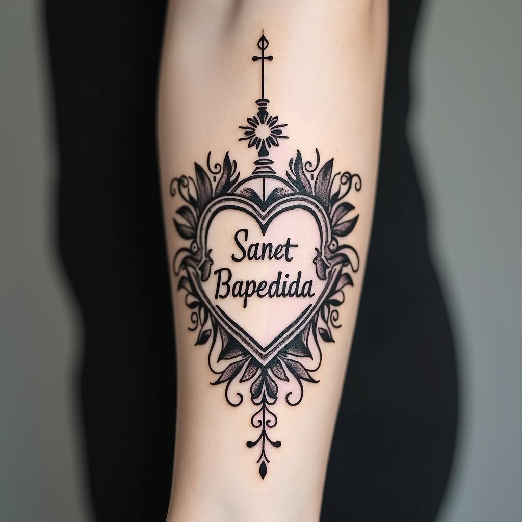 Tattoo design combining a thin outline of Our Lady of Aparecida with the back of the Saint Benedict medal.in elegant cursive calligraphy style 2d tattoo, decorate with roses, featuring a smooth and flowing handwritten script with slightly thickened strokes for a luxurious and bold appearance, heart symbol between names, sleek and glossy black text with shadowing, minimalist matte white background, clean and sharp edges, illuminated with soft lighting, romantic, 8k, high-quality textures with refined typography - Variation 2