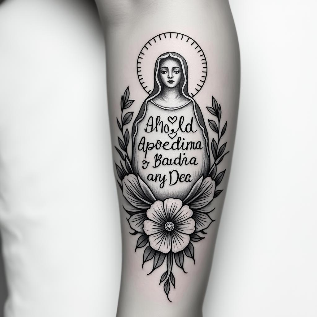Tattoo design combining a thin outline of Our Lady of Aparecida with the back of the Saint Benedict medal.in elegant cursive calligraphy style 2d tattoo, decorate with roses, featuring a smooth and flowing handwritten script with slightly thickened strokes for a luxurious and bold appearance, heart symbol between names, sleek and glossy black text with shadowing, minimalist matte white background, clean and sharp edges, illuminated with soft lighting, romantic, 8k, high-quality textures with refined typography - Variation 4