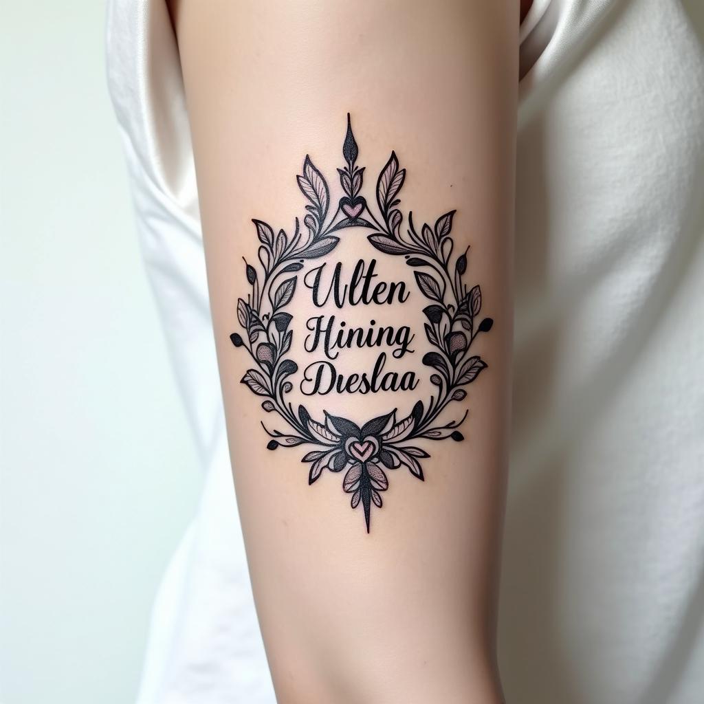 Tattoo design combining a thin outline of Our Lady of Aparecida with the back of the Saint Benedict medal.in elegant cursive calligraphy style 2d tattoo, decorate with roses, featuring a smooth and flowing handwritten script with slightly thickened strokes for a luxurious and bold appearance, heart symbol between names, sleek and glossy black text with shadowing, minimalist matte white background, clean and sharp edges, illuminated with soft lighting, romantic, 8k, high-quality textures with refined typography