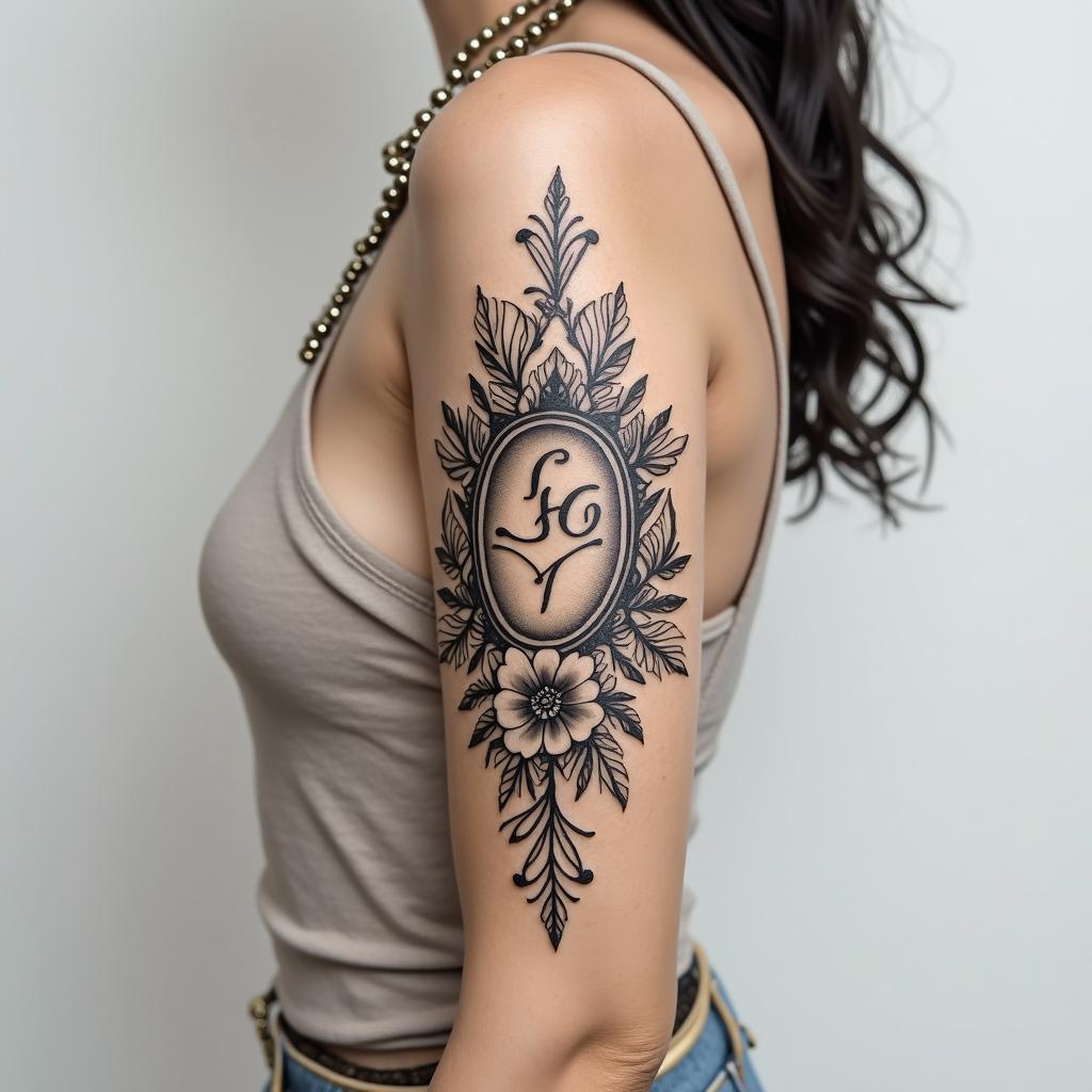 Tattoo design combining a thin outline of Our Lady of Aparecida with the back of the Saint Benedict medal.in elegant cursive calligraphy style 2d tattoo, decorate with roses, featuring a smooth and flowing handwritten script with slightly thickened strokes for a luxurious and bold appearance, heart symbol between names, sleek and glossy black text with shadowing, minimalist matte white background, clean and sharp edges, illuminated with soft lighting, romantic, 8k, high-quality textures with refined typography - Variation 3