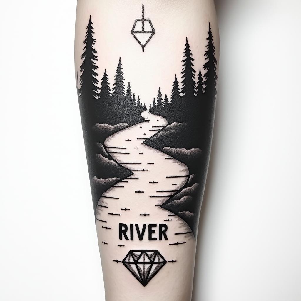 A river down my forearm with diamonds at the bottom and the word RIVER at the bottom of the riverin 8-bit tattoo style, minimalistic pixel style tattoo, pixel art with simplified shapes and retro gaming visuals, inspired by 8-bit pixel based detailing - Variation 4