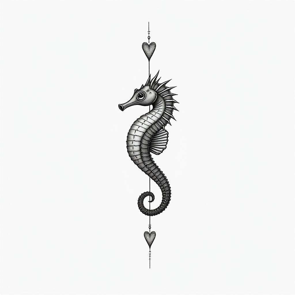 Delicate with a seahorsein Modest style tattoo, featuring soft, delicate line work with simple and meaningful symbols, gentle waves, a heart, evoking a sense of serenity and grace, - Variation 2