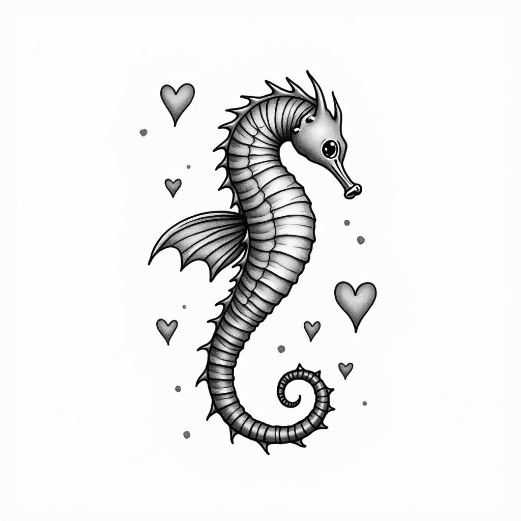 Delicate with a seahorsein Modest style tattoo, featuring soft, delicate line work with simple and meaningful symbols, gentle waves, a heart, evoking a sense of serenity and grace,